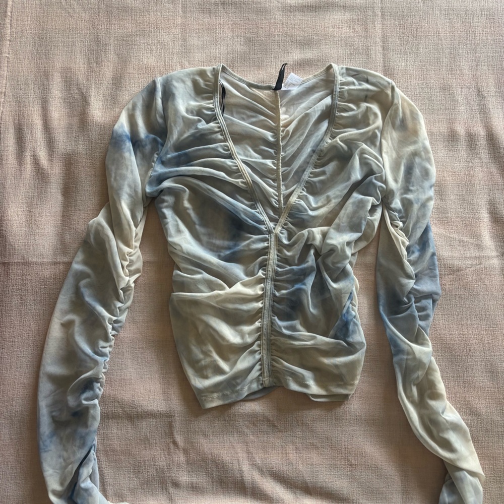 H&M Ruched Sheer Long Sleeve Top in Pale Blue and Cream